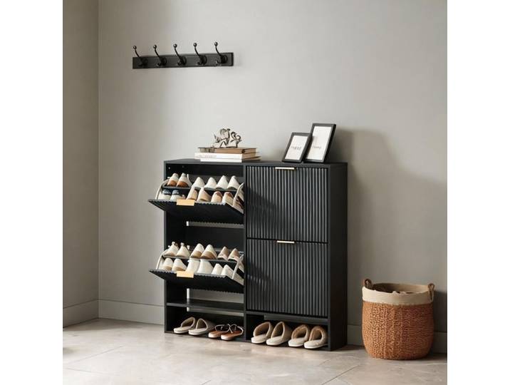 Meuble à chaussures noir MDF 120x24x102 cm avec niche ouverte et plateau déco – Entrée