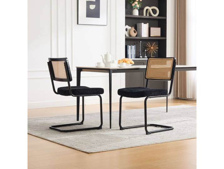 Bladez - Chaise salle à manger vintage en rotin cadre métal noir assise chenille - Noir