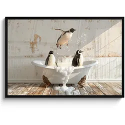 POSTER MIT RAHMEN Vintage - Pinguin - Badewanne - Schaumstoff 120x80 cm