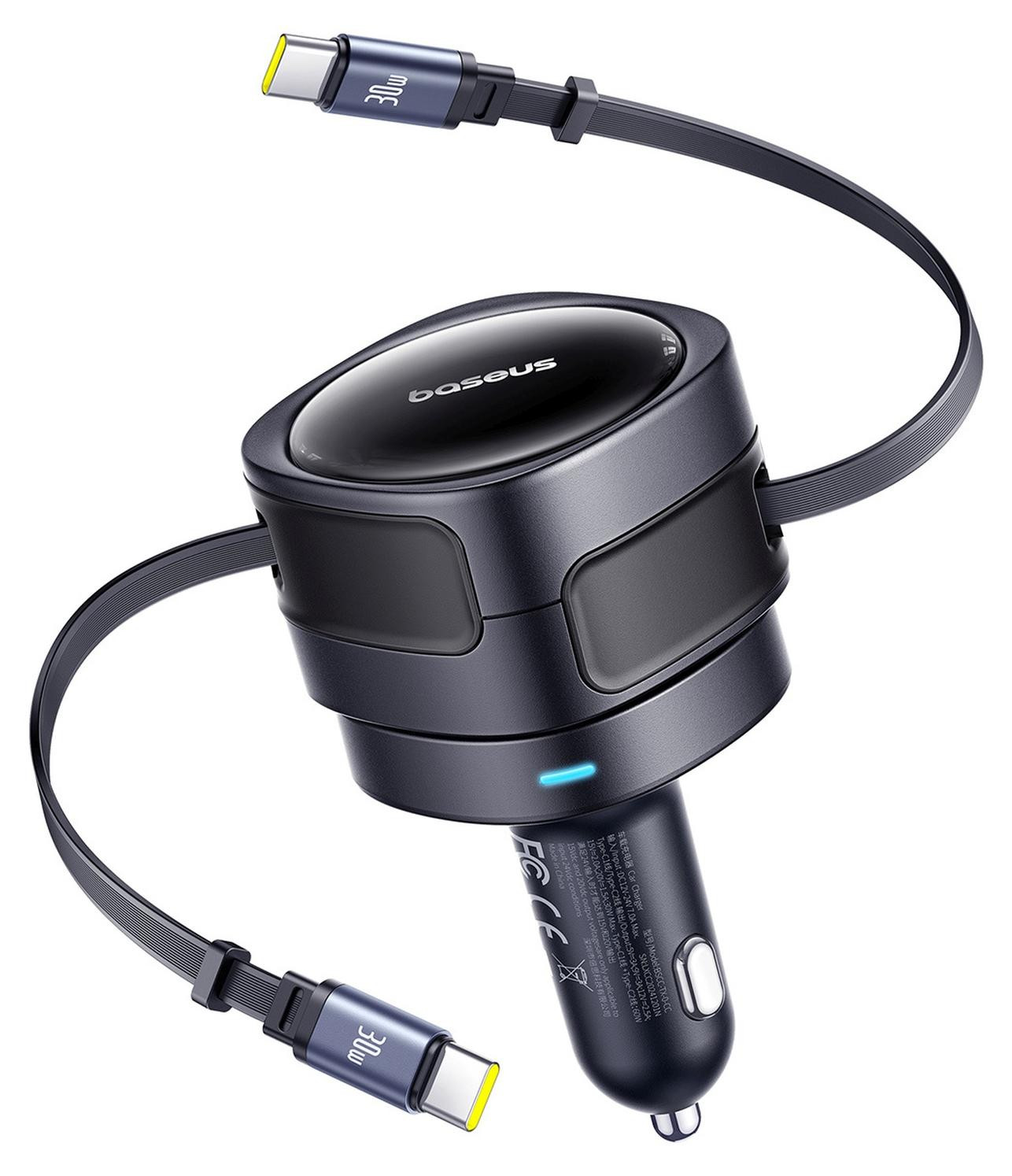 Baseus Enjoyment Max autolader met USB-C+USB-C kabels, 60W, zwart