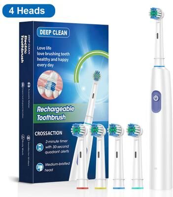 Inspired Living Rotating Electric Toothbrush For Adults, Rechargeable Spin Brush With 8 Soft Brush Heads white 4 Heads