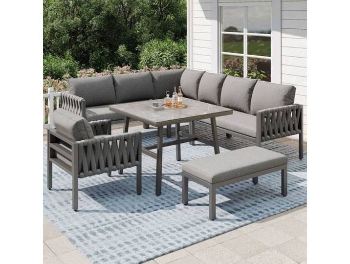 Salon bas de jardin tout-en-un composé de 2 canapés 1 fauteuil 1 banc et 1 table basse pour aménagement extér SALON BAS DE JARDIN