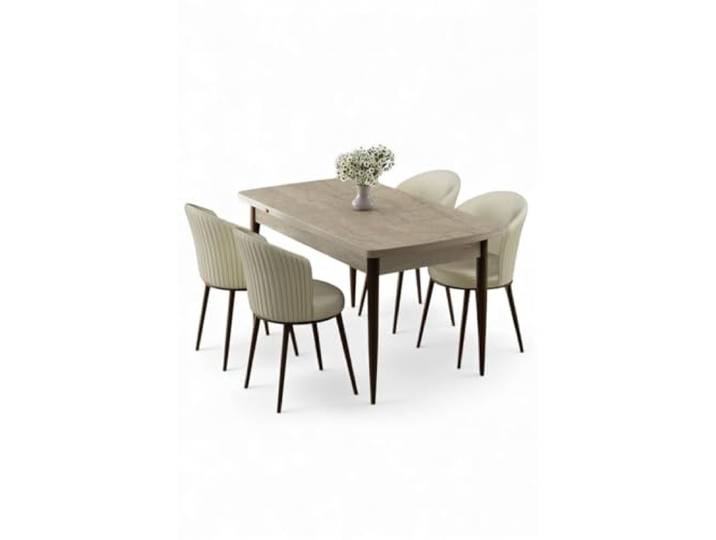 Hanah Home Extendable Dining Table & Chairs Set (5 Pieces), Travertine & Cream, 130-174 cm 100% MDF, Metal Legs, Modern Scandinavian Design