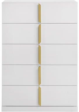 Benjara Orion Tall Dresser Chest with 5 Drawers, Gold Handles, Glossy White Wood