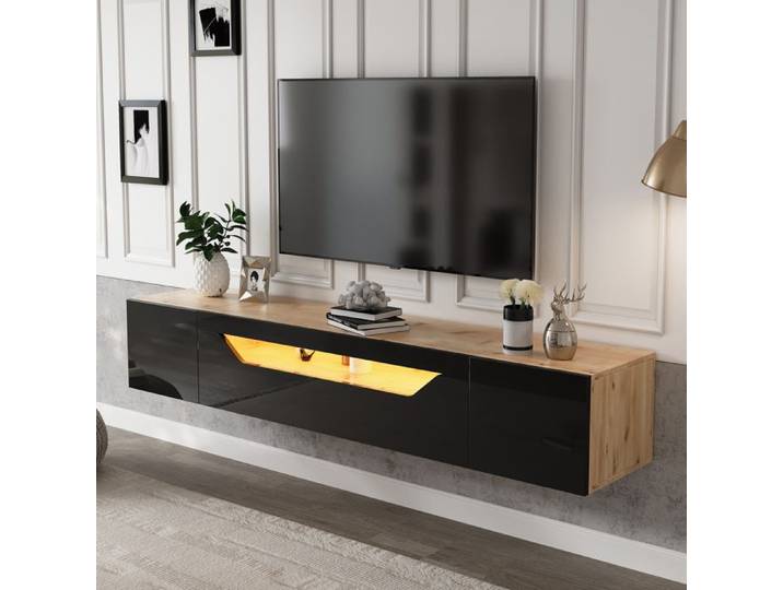 Meuble TV mural - ZEVKOR - Meuble TV Mural Suspendu - 180×37×36 cm - LED intégrée - 3 portes