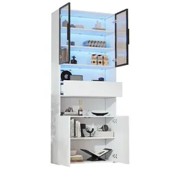 Vertikale Vitrine Weinschrank Mit LED Beleuchtung Glastüren Aluminiumrahmen Schublade Offene Ablagen Stauraum Weiß 70x30x200cm