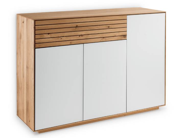 Sideboard Riva in Wildeiche geölt mit eleganter Holz-Weißglas-Kombination – Montierte Lieferung – 3%-Vorkasse-Rabatt