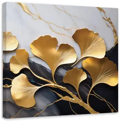 LEINWANDBILD Ginko Blumen Botanik Marmor Grau Gold 30x30cm