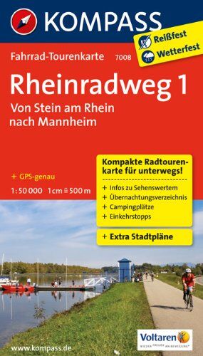 Rheinradweg 1, Von Stein am Rhein nach Mannheim: Fahrrad-Tourenkarte. GPS-genau. 1:50000. (KOMPASS-Fahrrad-Tourenkarten) - Preis vom 30.09.2026 22:30:23 h
