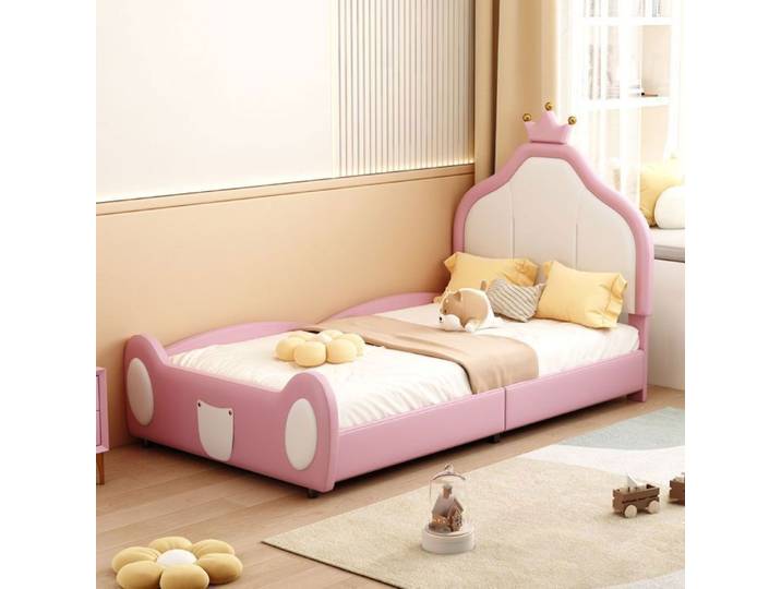 Lit Rembourré Enfant 90x200cm Tête de Lit Couronne - Lit Enfant - Simili Cuir Rose，Sommier à Lattes，Design Princesse，Sans Matelas