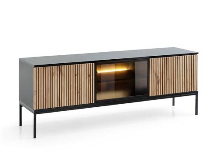 Emporius Daveno TV Kommode Schwarz mit LED, Glas, Lamellen - TV Schrank, Fernseher Kommode, Lowboard 3-türig - 154 cm breit