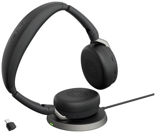 Jabra Evolve2 65 Flex Link380c MS + Ladepad On Ear Headset Bluetooth Stereo Schwarz Noise Cancelling Headset