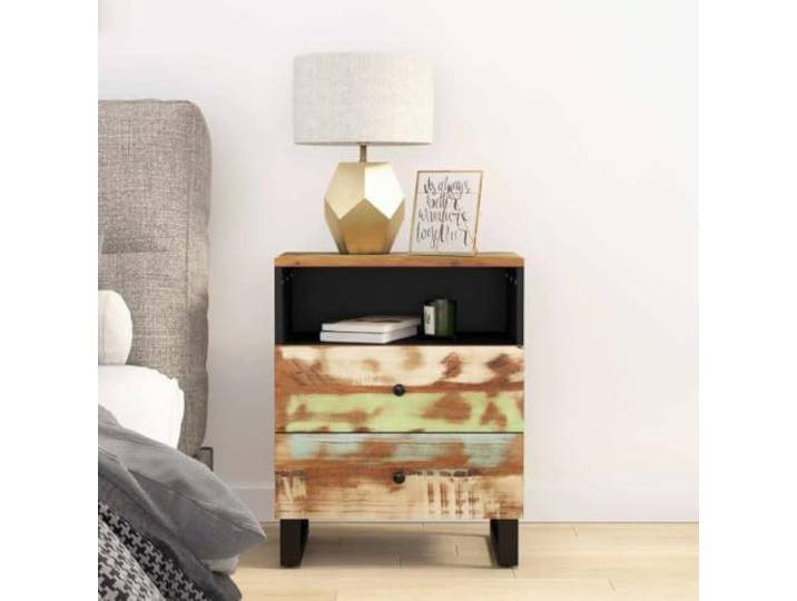 HEFZGDB Nachttisch aus recyceltem Massivholz mit Metallbeinen 50x33x62 cm Altholz Massiv & Holzwerkstoff 2 Schubladen 1 Fach Industriell Vintage Stauraum