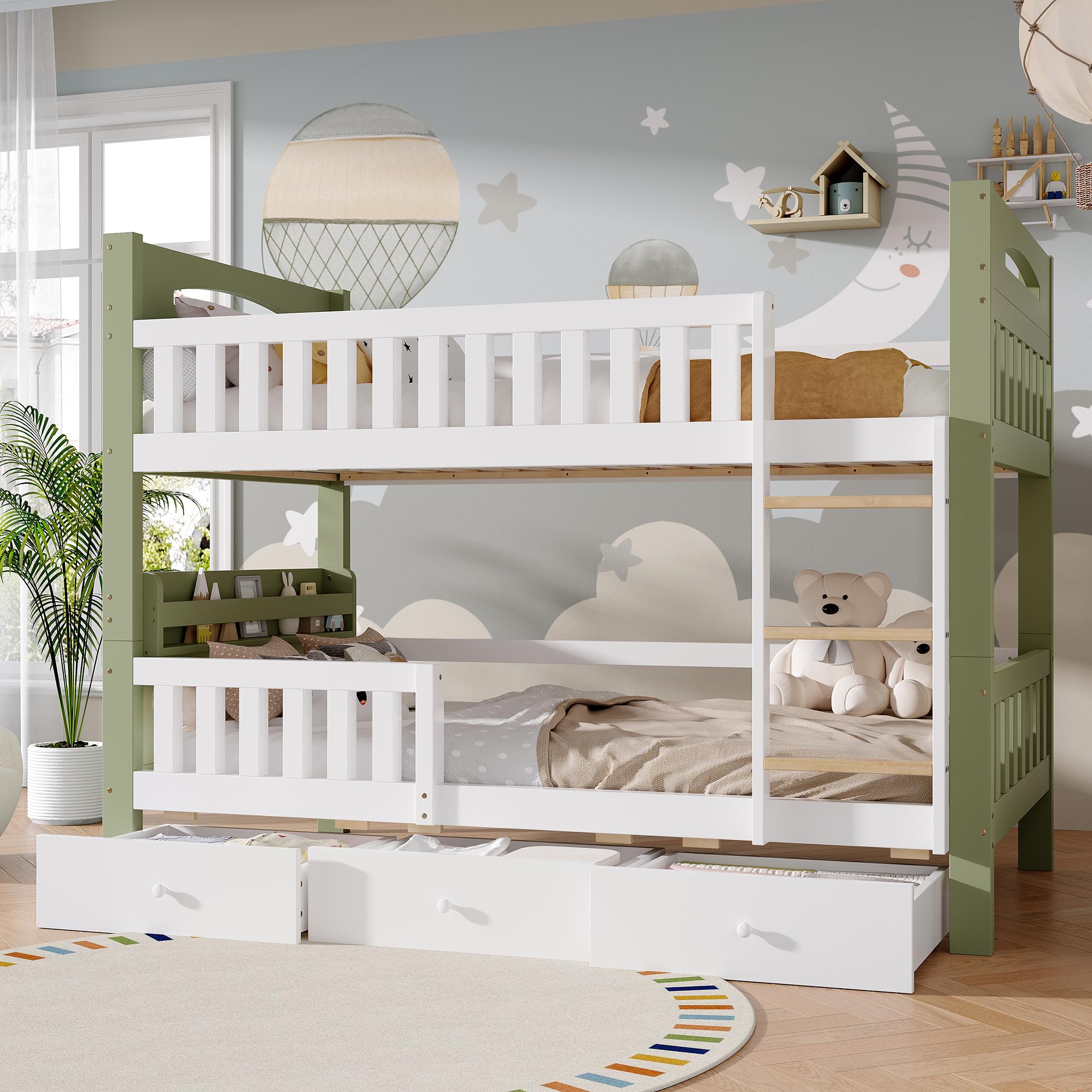 Merax Etagenbett 90x200cm, Holzbett mit Leiter, Kinderbett mit erhöhtem Schutzgeländer, Holzbett mit seitlichem Regal und 3 Schubladen, Weiß + Grün
