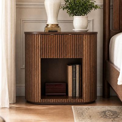 DREAMSIDEA Fluted Solid Wood Nightstand Push-to-Open Door Storage Cabinet