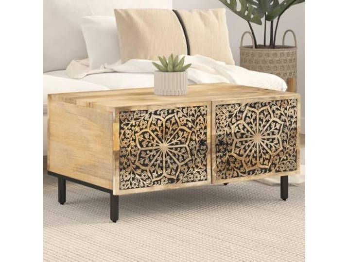HEFZGDB Couchtisch 80x50x40 cm Massivholz Mango mit Eisenbeinen und Stauraum, Retro-Stil Beistelltisch mit robuster Tischplatte und praktischer Tür, langlebiges Möbelstück