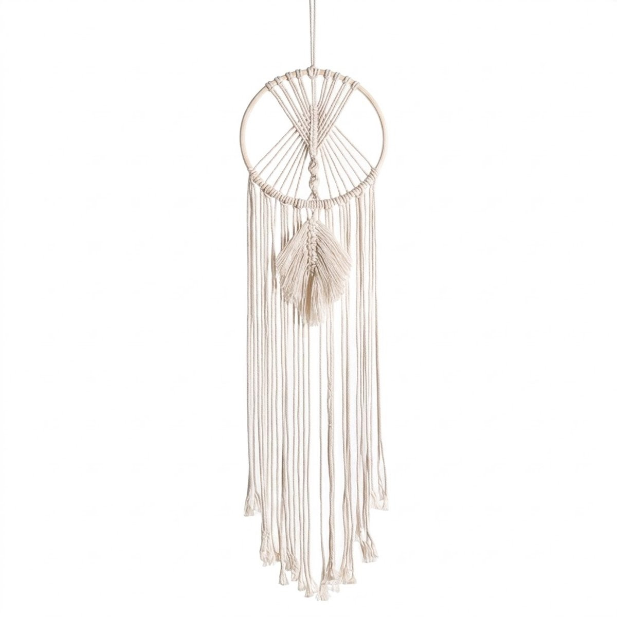 Nuvex Beige en Witte Dromenvanger Wanddecoratie met Macramé Patroon en Lange Franje in Bohemian Stijl