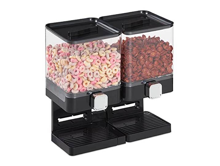 Relaxdays dubbele cornflakes dispenser, 3,5 liter, voor muesli, ontbijtgranen, noten, snoep automaat kunststof, zwart