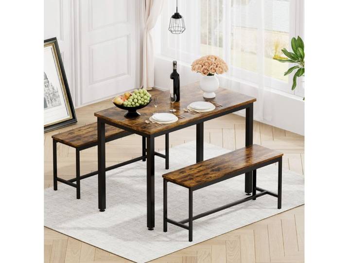 MEULVA Ensemble table à manger avec 2 bancs 4 personnes style industriel marron rustique et noir