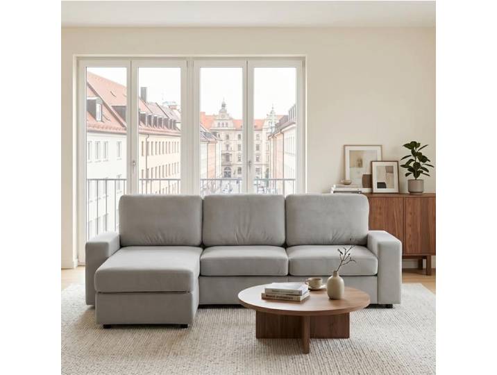 WOVREO canapé d'angle fixe 3 places 245 5 cm avec ottomane réversible 4 coffres tissu polyester gris clair