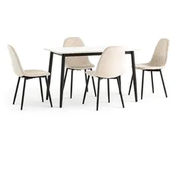 RATTATAN Esszimmer-Set mit Tisch mit Marmoroptik-Tischplatte + 4 Samtstühlen, Metallgestell, elegantes Design für Küche und Esszimmer – VASCO + LAURA – Creme