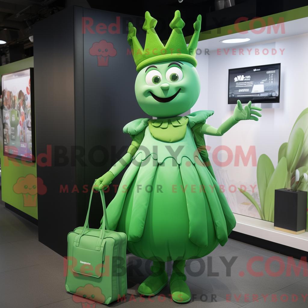 Maskottchenfigur REDBROKOLY einer grünen Königin mit Minikleid und Aktentasche