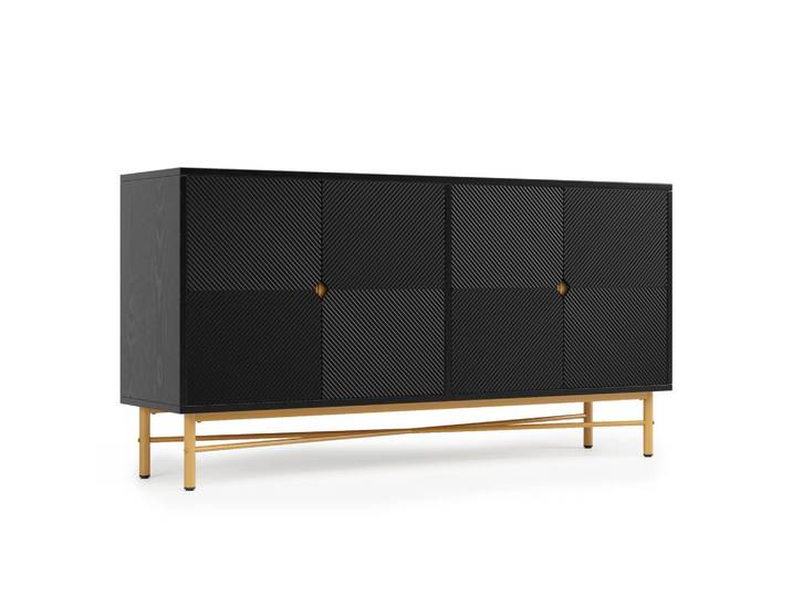 ComfortXL Sideboard De-37950 mit 4 Türen und Goldakzenten Schwarz, 160x82x40 cm, Kleinmöbel, Kommoden, Sideboards