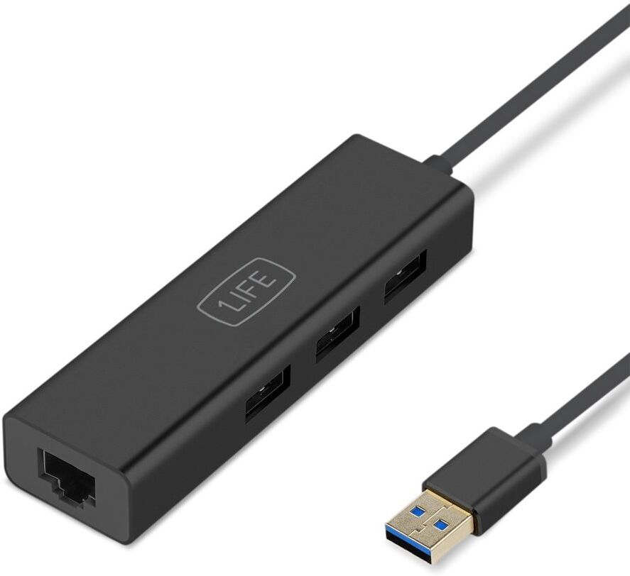Concentrador 3x USB 3.0 / 1x RJ45 (Negro) - 1LIFE