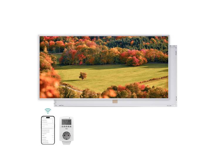 Emke Wandkonvektor Elektrisch mit dekorativem Landschaftsbild, Thermostat und Wlan App Steuerung, 119,5/59,5/2 cm, Weiß, Kunststoff, Metall, 1,200 W, 119.5x59.5x2 cm, Elektrogeräte, Heizgeräte, Heizstrahler