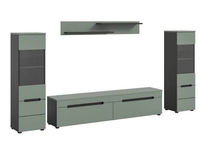 Wohnwand Anbauwand Canu , 3-teilig , Smoke Green / Basalt Grau , mit Beleuchtung