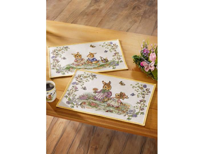 Tolle Platzdeckchen aus dem Hause Villeroy & Boch, Creme-Gelb, Zwei Häschen beim Picknick