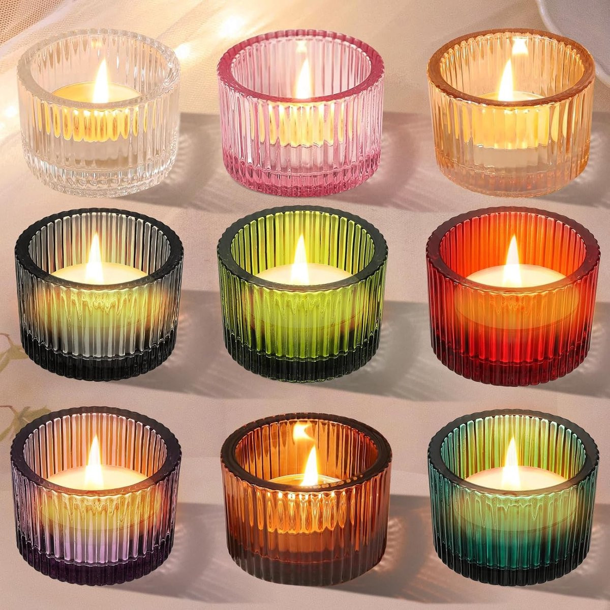Set van glazen waxinelichthouders in 9 verschillende kleuren, transparant, 55 x 35 cm