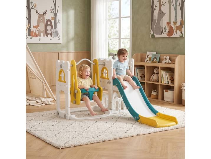 AIYAPLAY Toboggan Balançoire 6-en-1 Enfant Jaune avec Rangement