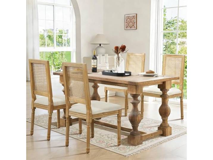 SoarTalent 4er Set Ratan Esszimmerstühle, quadratische Rückenlehne, Beige Gepolsterter Stuhl mit Massivholzgestell & Ratan, Schaumstoff-Füllung: ideal für Esszimmer, Küche, Wohnzimmer & Café