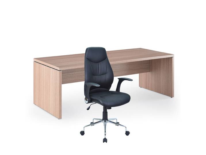 Pack Direction Bureau droit Flore L.210 x P.90 cm - Plateau Noyer - Pieds panneaux + Siège Performer simili cuir Noir