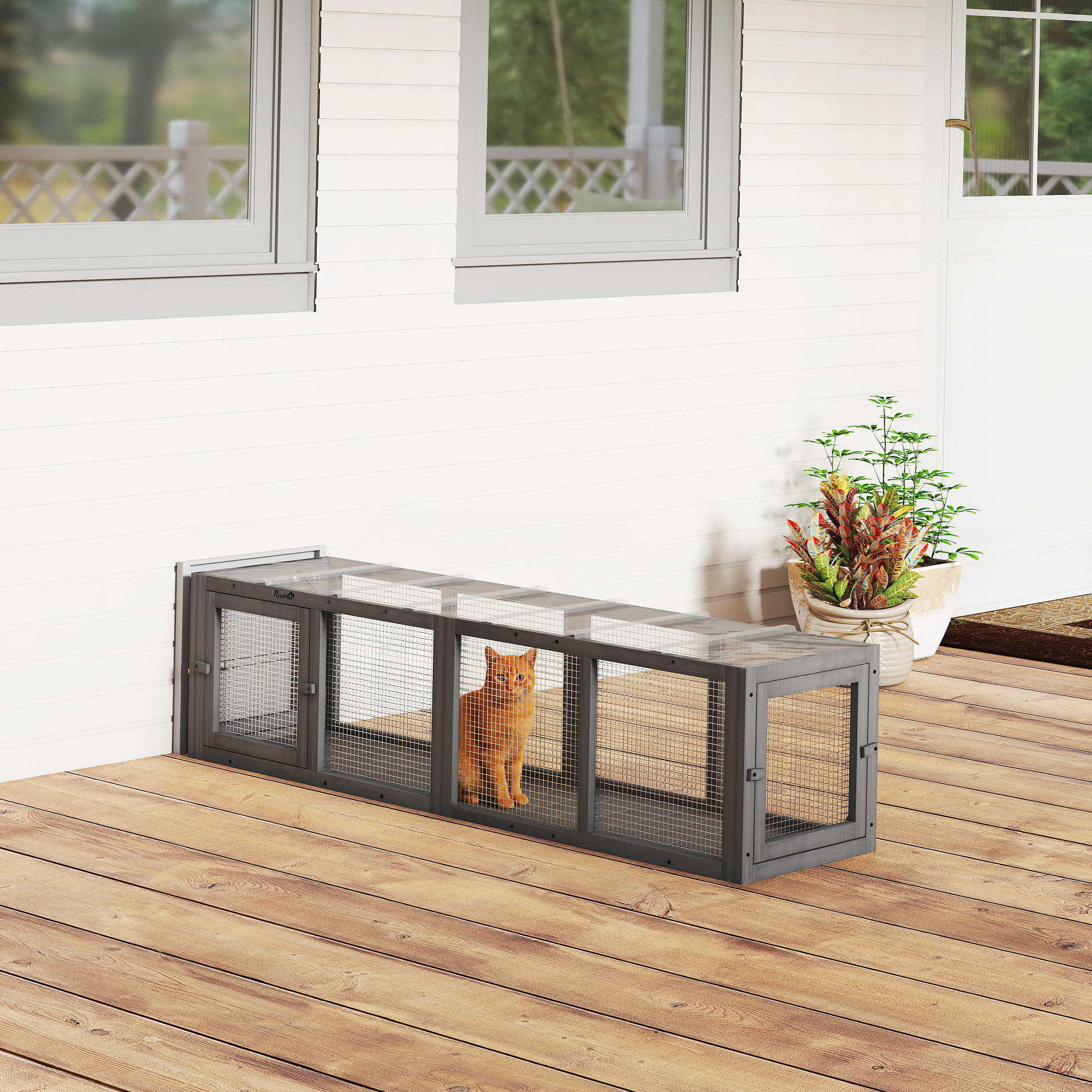 Pawhut Tunnel per gatti espandibile in legno con 3 porte, 151,5x38,5 cm, grigio   Aosom Italy