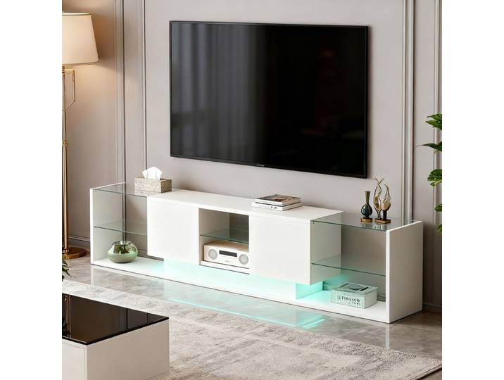 Meuble TV LED 200 cm Armoire e TéLéVision Banc TV Meuble TéLé de Salon Banc TV Moderne en Bois avec 2 Tiroirs Meuble Salon Blanc