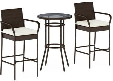 Costway Patio Rattan Bar Height Table and Chairs with 2 Seat Cushions for Porch-White