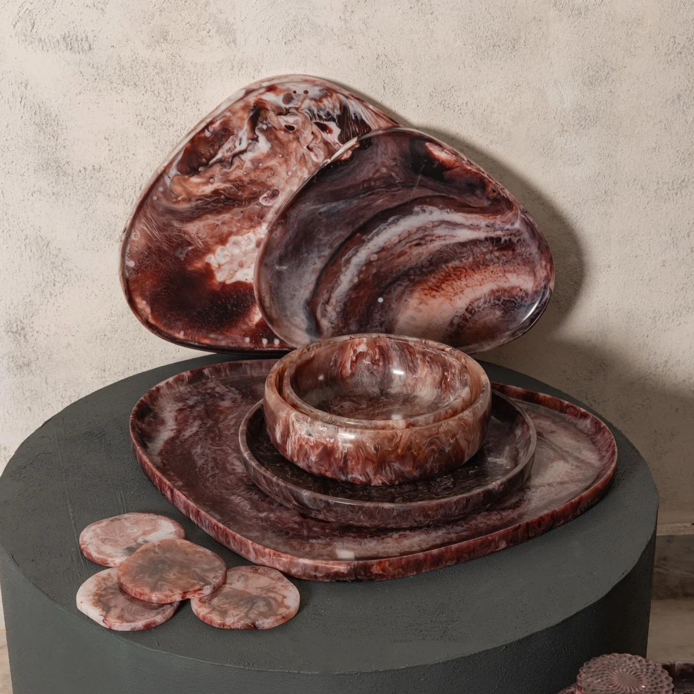 PTMD Dienblad Damiel Burgundy - Groot - Rood/Bruin - B: 54 cm, D: 44 cm, H: 3 cm