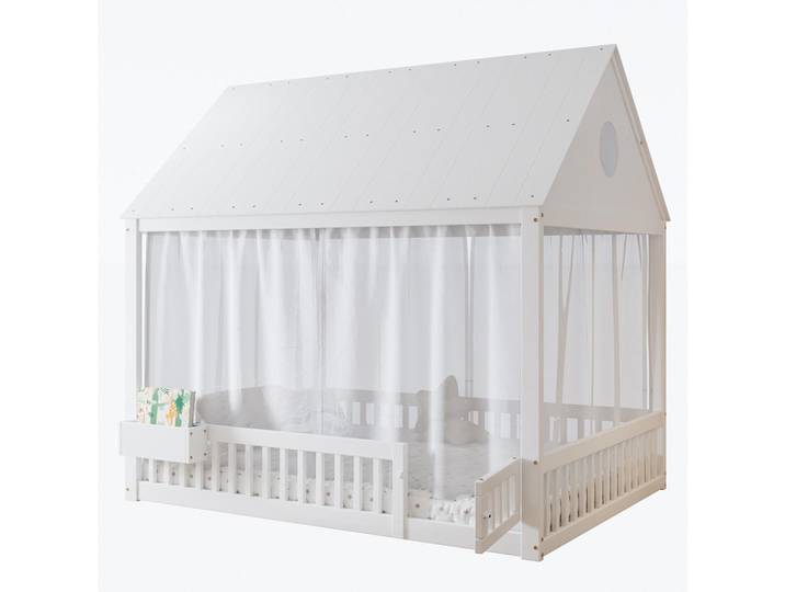 Modfu Hausbett aus Kiefer und MDF 140x200 cm Weiß mit Stauraumfach, Vorhängen und Dachdetails, 140x200 cm, Babymöbel & Kindermöbel, Kinderzimmer & Jugendzimmer, Kinderbetten, Spielbetten