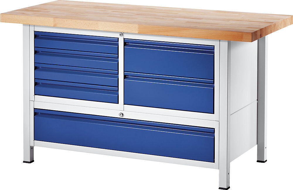 Werkbank, Gestellbauweise, 6 Schubladen Größe L, 1 Schublade Größe XXL, Tiefe 700 mm, Breite 1250 mm RAU