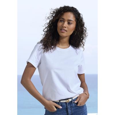 T-Shirt BEACHTIME BY LASCANA "mit modischem Schlitz am Saum", Damen, Gr. 48/50, weiß, Single Jersey, Obermaterial: 100% Baumwolle, unifarben, Basic, figurumspielend, Rundhals, Shirts T-Shirt, aus Baumwoll-Qualität