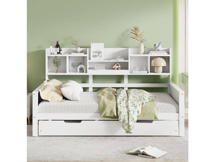 Lit gigogne multifonction AESVAR 90x200 cm en bois de pin blanc avec sommier à lattes et rangement
