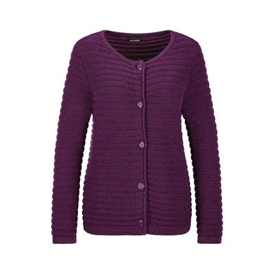 Strickjacke GOLDNER "Kurzgröße Elegante Strickjacke mit Lurex, Langarm", Damen, Gr. 20, lila (beere), Obermaterial: 97% Baumwolle CO. 3% metallisierte Fasern MTF., Modisch, Strickjacken Strickjacke, Glanzgarn
