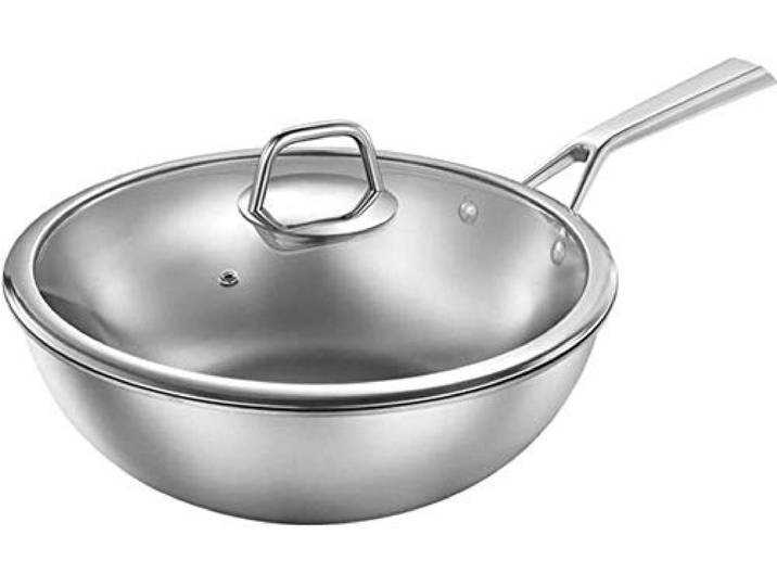OQHAIR Wok und Pfannen, Wok aus reinem Titan – gesunder, unbeschichteter Wok mit flachem Boden/Verbundmaterial, effiziente Wärmeleitung, mit Deckel (Silber) – 32 cm (Golden, Silber 34 cm)