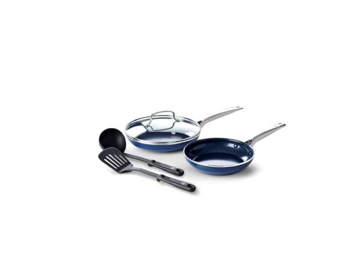 Blue Diamond Cookware Diamantstruktur Keramik Antihaft, 7-teiliges Topf- und Pfannenset,Enthält Bratpfanne Stielkasserolle Milchpfanne,PFAS-frei,Induktion,Spülmaschinenfest,Backofenfest bis 200°C,Blau