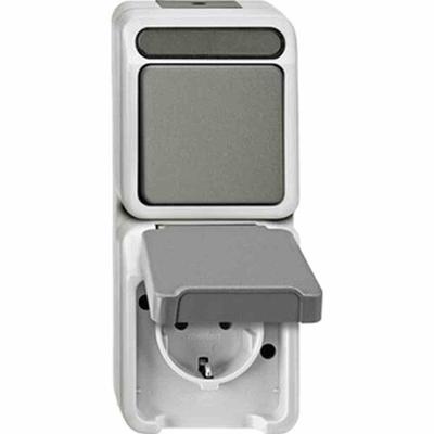 Merten AQUASTAR Kombination Steckd/Schalt, Wechselschalter, Aufputz, lichtgrau, IP44, matt