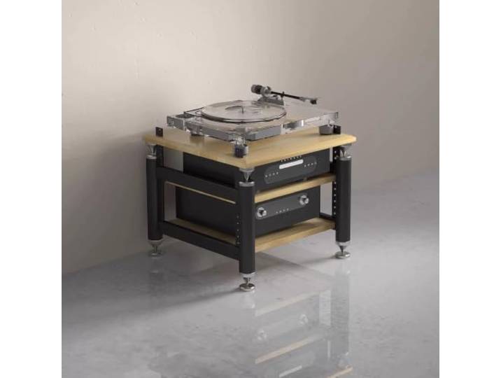 Modulares HIFI‑Audio‑Rack – Verstellbare Ablagen, Plattenspielerständer Mehrstöckiges Audio‑Regal, vielfältige Farben, schwingungsdämpfendes Design(Black+Natural Wood,2‑Tier)