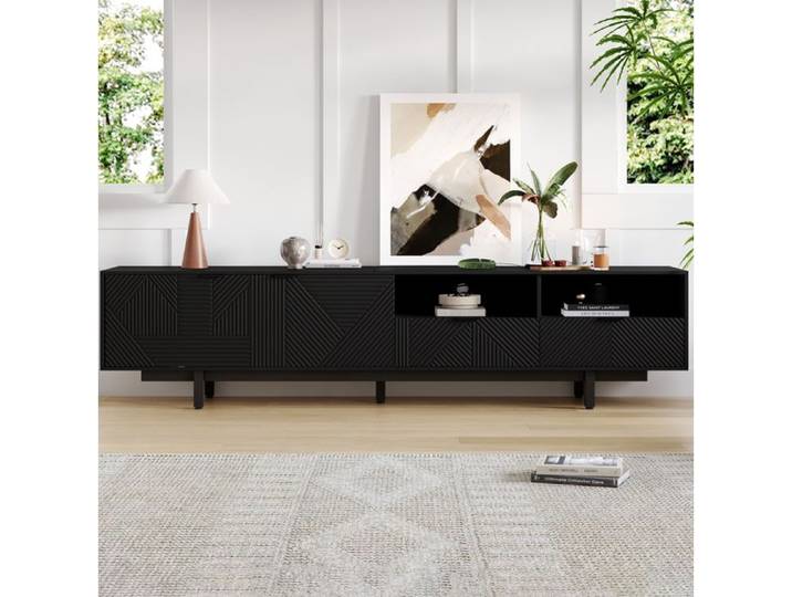 ROVRYN Meuble TV 200 cm noir avec 2 portes niches ouvertes et passe-câbles