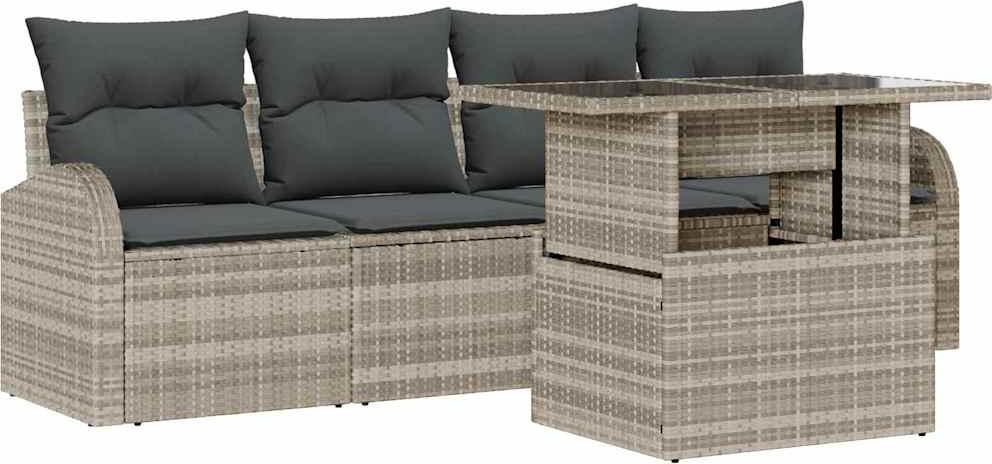 Modulares Garten-Sofaset, 5-teilig für 4 Personen, Poly-Rattan hellgrau, höhenverstellbarer Tisch, UV- & wetterfest, pulverbeschichtet